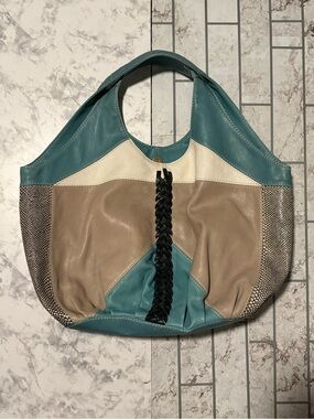 Foley & Corinna Teal and Beige Colorblock Leather Bag with Braided Accent